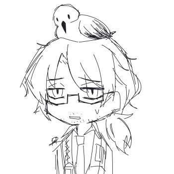 Rule 34 | 1boy, animal, animal on head, beard stubble, bird, bird on head, breast pocket, collared shirt, doodle, dress shirt, expressionless, facial hair, formal clothes, glasses, gregor (project moon), greyscale, hair between eyes, half-closed eyes, jitome, limbus company, lineart, long hair, long sleeves, looking ahead, low ponytail, male focus, monochrome, necktie, on head, parted bangs, parted lips, photoshop (medium), pocket, ponytail, portrait, pouch, project moon, semi-rimless eyewear, shirt, signature, simple background, sketch, solo, stubble, suit, sweatdrop, under-rim eyewear, upper body, vest, white background