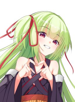Rule 34 | 1girl, :d, absurdres, armpit crease, bare shoulders, black kimono, blunt bangs, blush, breasts, comiket 107, criss-cross halter, eyelashes, eyes visible through hair, fingernails, four-finger heart hands, green hair, grin, hair ribbon, halterneck, hands up, happy, hashtag-only commentary, heart, heart hands, highres, japanese clothes, kimono, long hair, long ribbon, long sleeves, looking at viewer, murasame (senren), open mouth, red eyes, red ribbon, red sash, ribbon, sash, senren banka, sidelocks, simple background, small breasts, smile, solo, straight hair, tsurime, two side up, uoouchan, upper body, very long hair, white background, wide sleeves