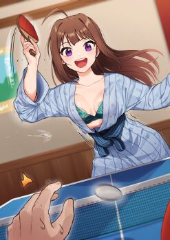 1girl :d accidental_exposure bad_id bad_pixiv_id blue_kimono blush bra breasts breasts_apart brown_hair collarbone commentary green_bra highres idolmaster idolmaster_million_live! indoors japanese_clothes kamille_(vcx68) kimono lace lace_bra long_hair long_sleeves looking_at_viewer medium_breasts motion_lines obi open_clothes open_kimono open_mouth paddle pov purple_eyes round_teeth sash smile solo_focus striped_clothes striped_kimono sweatdrop table_tennis table_tennis_paddle teeth translation_request underwear upper_teeth_only yokoyama_nao yukata
