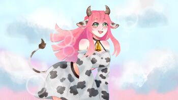 Rule 34 | 1girl, absurdres, aivy lovencraft, animal ears, autoestima, bell, cow ears, cow girl, cow horns, cow tail, cowbell, green eyes, highres, horns, indie virtual youtuber, long hair, pink hair, simple background, smile, tail, virtual youtuber