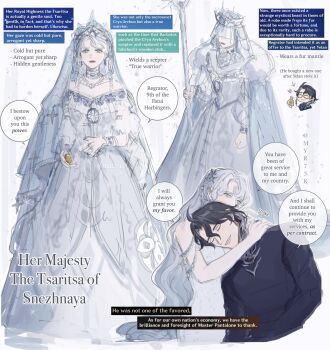 Rule 34 | 1boy, 1girl, alternate costume, alternate hairstyle, alternate universe, bare shoulders, black hair, blue eyes, breasts, character name, chibi, cleavage, closed eyes, closed mouth, coin, collarbone, commentary, couple, crown, design speculation, dress, english commentary, english text, game screenshot, genshin impact, grey dress, hair between eyes, hetero, highres, holding, holding coin, holding staff, hug, leaning on person, leaning to the side, long hair, long sleeves, looking at viewer, multicolored hair, musical staff, myr73k, off shoulder, pantalone (genshin impact), parted lips, red lips, screencap, smile, speech bubble, staff, streaked hair, tsaritsa (genshin impact), veil, wavy hair, white hair