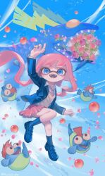 Rule 34 | 1girl, :d, animal, arm up, blazer, blue eyes, blue footwear, blue jacket, blue pupils, blue sky, blue socks, bouquet, brown sweater vest, bulging eyes, collared shirt, commentary request, falling petals, fangs, fish, floating hair, flower, full body, highres, horrorboros, inkling, inkling girl, inkling player character, jacket, loafers, long hair, midair, montaro 810, mouth hold, necktie, nintendo, open clothes, open jacket, open mouth, petals, pink flower, pink hair, pink necktie, pink petals, pink skirt, plaid, plaid skirt, pleated skirt, pointy ears, purple flower, salmon run (splatoon), salmonid, school uniform, shirt, shoes, skirt, sky, smallfry (splatoon), smile, socks, splatoon (series), splatoon 3, sweater vest, tentacle hair, twitter username, very long hair, waving, white shirt