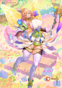 1girl armpits axe bracelet breasts butterfly_wings commentary conope curvy english_commentary fairy fairy_wings fire_emblem fire_emblem_heroes gradient_clothes hair_vines holding holding_axe insect_wings jewelry large_breasts leaf_bracelet nintendo official_alternate_costume peony_(cherished_dream)_(fire_emblem) peony_(fire_emblem) plant_hair sideboob skindentation thick_thighs thighs wings wrist_wrap
