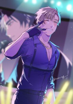 absurdres akeuraji_tsukasa black_pants blonde_hair blue_shirt blush chain copyright_request gold_chain hearing_aid highres male_focus medalist_(manga) nm_nq pants shirt smile stage sweat yellow_eyes yodaka_jun