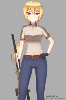 1girl belt blonde_hair breasts camouflage denim desert_camouflage female_focus gloves gun highres jeans large_breasts long_hair mikhail_n762 military military_fatigues military_uniform original pants ponytail red_eyes rifle sniper sniper_rifle solo united_states united_states_navy weapon