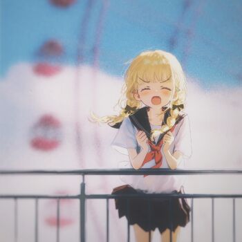 1girl black_bow black_sailor_collar black_skirt blonde_hair blurry blurry_background bow braid chi_(luckyeric320) clenched_hands closed_eyes commentary cowboy_shot depth_of_field facing_viewer fang fence ferris_wheel floating_hair fujita_kotone gakuen_idolmaster hair_bow hands_up highres idolmaster legs_apart light_blush long_hair miniskirt neckerchief outdoors pleated_skirt red_neckerchief sailor_collar shirt short_sleeves shouting skirt solo standing straight_hair twin_braids v-shaped_eyebrows white_shirt