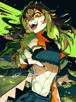 1girl black_pants black_shirt brown_hair colored_inner_hair commentary crocodile_girl crocodilian_tail english_commentary fangs green_hair green_scales green_streaks highres indie_virtual_youtuber kairyu_crocodile long_hair looking_at_viewer multicolored_hair open_mouth pants par0llel pointy_ears red_eyes shirt smile solo streaked_hair tail virtual_youtuber