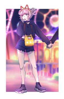 1boy 1girl amusement_park belt blue_eyes carousel fang ferris_wheel full_body highres holding_hands nail_polish nanakusa_nazuna_(yofukashi_no_uta) open_mouth ringed_eyes sagawa_haruka short_hair shorts star_(symbol) yamori_kou yofukashi_no_uta