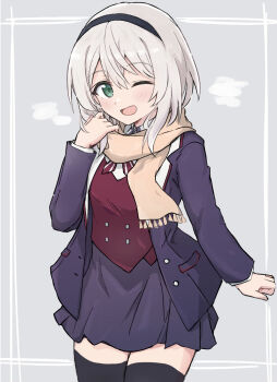 1girl ;d amnesia_(majo_no_tabitabi) black_hairband black_thighhighs blazer blush brown_scarf buttons cowboy_shot dot_nose green_eyes grey_background grey_hair hair_between_eyes hairband hand_up highres jacket long_sleeves looking_at_viewer majo_no_tabitabi medium_hair one_eye_closed open_clothes open_jacket open_mouth pleated_skirt red_vest scarf school_uniform shiroirosky shirt short_hair simple_background skirt smile solo thighhighs vest white_hair white_shirt yellow_scarf zettai_ryouiki