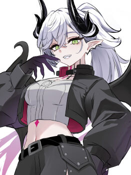 1girl absurdres black_hands black_jacket body_markings breasts choker colored_extremities commentary_request crossed_bangs demon_girl demon_horns demon_wings ear_piercing fate/grand_order fate_(series) green_eyes grey_hair grin hair_between_eyes high_ponytail highres horns jacket lilith_(fate) lilith_(over_the_same_sky)_(fate) long_hair long_sleeves medium_breasts navel piercing pointy_ears ponytail shirt smile solo very_long_hair white_shirt wings yugusan5