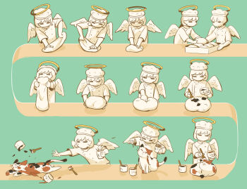2others absurdres angel angel_wings animal avogado6 calico_(pattern) calico_cat cat chef chef_hat commentary_request dough green_background halo hat highres kneading_dough multiple_others no_mouth original paint paintbrush painting_(action) partially_colored sequential traditional_halo wings