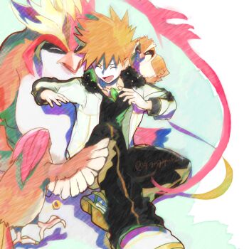 1boy beak bird black_pants black_shirt blue_oak blue_oak_(arc_suit) brown_hair closed_eyes closed_mouth evolutionary_line fur_trim gem gen_1_pokemon gigugigu4299 green_gemstone highres jacket jewelry mega_pidgeot mega_pokemon mega_stone necklace nintendo official_alternate_costume on_shoulder open_clothes open_jacket open_mouth pants pidgeot pidgeotto pidgey pokemon pokemon_(creature) pokemon_masters_ex pokemon_on_shoulder shirt sitting smile spiked_hair talons white_jacket wings