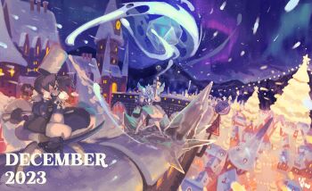 2023 2girls ^_^ absurdres alternate_costume arm_up aurora battle braces braid breath building christmas_tree clock clock_tower closed_eyes coat_dress cryokinesis curtained_hair cutlass december dress fighting_stance fur-trimmed_collar fur-trimmed_sleeves fur_trim garlic_(keziedra) hat highres holding holding_scroll holding_staff holding_sword holding_weapon ice ice_crystal ice_shard juliet_sleeves keziedra long_hair long_sleeves mage_staff multiple_girls night night_sky on_rooftop open_mouth original outdoors pale_skin pantyhose parted_bangs pine_tree puffy_sleeves scar scar_on_face scroll sharp_teeth sky smile snow snow_on_tree snowing staff sweatdrop sword tall_hat tapioca_(keziedra) teeth tower tree twin_braids twintails v-shaped_eyebrows weapon white_dress white_hair white_hat white_pantyhose witch