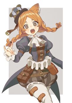 1girl animal_ears anne_lester anne_lester_(paper_wings) arm_strap ascot blue_shirt boots braid brown_eyes brown_shorts cowboy_shot cross-shaped_pupils fangs floating_hair fox_ears fox_shadow_puppet frilled_ascot frilled_sleeves frills hat highres hoge_(n8sss) identity_v juliet_sleeves long_sleeves looking_at_viewer middle_part mini_hat mini_top_hat official_alternate_costume open_mouth orange_hair puffy_shorts puffy_sleeves shirt shorts solo striped_clothes striped_shorts symbol-shaped_pupils tailcoat thigh_boots top_hat twin_braids vertical-striped_clothes vertical-striped_shorts white_ascot white_boots