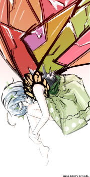 1girl absurdres antennae blue_hair butterfly_wings closed_eyes closed_mouth dress eternity_larva fairy_wings full_body green_dress green_skirt hair_ornament highres insect_wings leaf leaf_hair_ornament leaf_on_head multicolored_dress one-hour_drawing_challenge orange_sleeves skirt solo touhou ve1024 wings