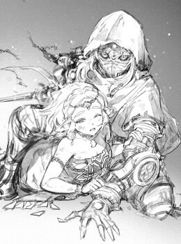 1boy 1girl armlet bare_shoulders black_sclera braid breasts cleavage colored_sclera commentary_request crown_braid dirty dirty_clothes dirty_face dress earrings greyscale holding holding_sword holding_weapon hood hood_up hyrule_warriors:_age_of_imprisonment jewelry magatama magatama_necklace medium_breasts monochrome mysterious_construct necklace nintendo one_eye_closed parted_bangs parted_lips pointy_ears princess_zelda renyuu short_hair sidelocks strapless strapless_dress sword the_legend_of_zelda the_legend_of_zelda:_tears_of_the_kingdom weapon