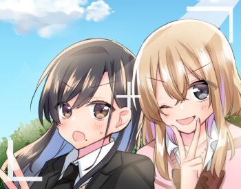 2girls ;d black_necktie blue_sky blue_streaks brown_eyes brown_hair commentary_request day grey_eyes gyaru hair_between_eyes highres lilies_(komiya_yuto) long_hair mole mole_under_mouth multiple_girls necktie one_eye_closed open_mouth pink_streaks pink_sweater sakura_yuto sasaki_rima sidelocks sky smile straight_hair sweater taking_picture upper_body v-shaped_eyebrows yamada_suzuka