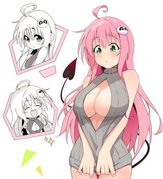 1girl ahoge blush breasts closed_eyes closed_mouth clothes_tug collarbone commentary_request cowboy_shot demon_tail dress embarrassed green_eyes grey_sweater hair_ornament ivu_(eve0315y) lala_satalin_deviluke large_breasts long_hair looking_at_viewer looking_down multiple_views naked_sweater no_bra open_mouth pink_hair ribbed_sweater simple_background sleeveless sleeveless_sweater sleeveless_turtleneck smile sweater sweater_dress sweater_tug tail to_love-ru turtleneck turtleneck_sweater very_long_hair virgin_killer_sweater white_background