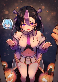 1girl 1other :d ^_^ absurdres bare_shoulders black_hair blue_hair blush breasts closed_eyes commentary earrings english_commentary goddess_of_victory:_nikke highres jack-o'-lantern jewelry jimpu6 looking_at_viewer medium_breasts medium_hair midriff mole mole_under_eye navel open_mouth pleated_skirt pov purple_eyes purple_hair shifty_(nikke) skirt smile syuen_(nikke)