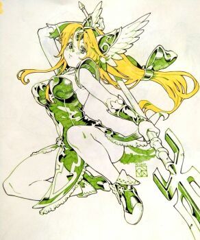 Rule 34 | 1girl, arm up, armor, artist logo, bare legs, blonde hair, blush, bow, bracer, breasts, closed mouth, commentary, dated, dress, english commentary, feathered wings, full body, green bow, green dress, green eyes, green helmet, green shoes, hair between eyes, hair bow, helmet, highres, holding, holding behind back, holding polearm, holding polearm behind back, holding weapon, holding weapon behind back, large breasts, lips, logo, long hair, looking at viewer, marker (medium), paper background, pelvic curtain, pen (medium), photo (medium), poch4n, polearm, ponytail, riesz, seiken densetsu, seiken densetsu 3, shoes, shoulder armor, sideboob, single sidelock, solo, spot color, thighs, traditional media, weapon, winged helmet, wings
