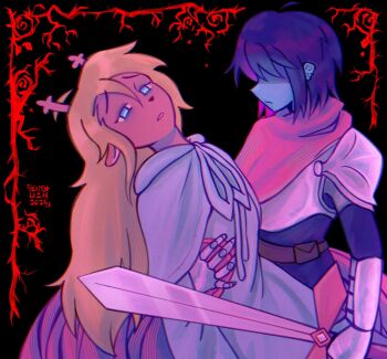 1girl 1other 2025 antlers armor blonde_hair blue_eyes blue_hair blue_skin breastplate cape capelet colored_skin commentary deer_antlers deer_girl deltarune derivative_work empty_eyes english_commentary furry furry_female gauntlets hair_over_eyes hand_on_another&#039;s_back highres holding holding_sword holding_weapon hood hooded_capelet horns kris_(dark_world)_(deltarune) kris_(deltarune) long_hair needy_girl_overdose noelle_holiday noelle_holiday_(dark_world) parted_lips pink_cape plant revision robe short_hair side_cape signature sword thorns utdr_(toby_fox) ventalizm vines weapon white_capelet white_robe