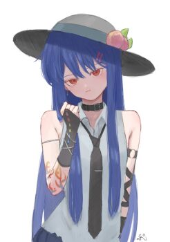 1girl alternate_costume arm_strap arm_tattoo bare_shoulders black_choker black_necktie blue_hair blue_skirt choker closed_mouth collared_shirt expressionless hair_between_eyes hair_ornament hairpin hand_up hat hinanawi_tenshi long_hair long_sidelocks looking_at_viewer necktie peach_hat_ornament red_eyes ropu_1 shirt sidelocks signature skirt sleeveless sleeveless_shirt solo tattoo touhou upper_body very_long_hair white_shirt