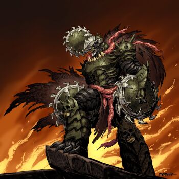 1boy absurdres armor chainsaw_devil chainsaw_man doom:_the_dark_ages doom_(series) doomguy fiery_background fire full_armor fusion highres organs shield solo standing the_marahfa