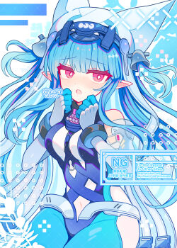 1girl absurdres arknights arknights:_endfield bare_shoulders blue_bodysuit blue_gloves blue_hair blunt_bangs blush bodysuit breasts commentary_request cowboy_shot elbow_gloves embarrassed gloves hands_up hat highres last_rite_(arknights) long_hair looking_at_viewer medium_breasts multicolored_gloves navel open_mouth pointy_ears red_eyes shirocha_tei sidelocks solo sweat twitter_username two-tone_gloves watermark white_gloves white_hat