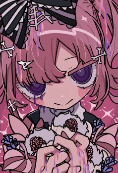 Rule 34 | 1girl, absurdres, black bow, bone hair ornament, bow, closed mouth, commentary request, flower, goth fashion, hair bow, hair ornament, highres, holding, holding flower, looking at viewer, original, pink hair, purple eyes, skull hair ornament, solo, spider web hair ornament, striped bow, teira (ooxoo)