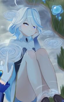 1girl absurdres ahoge blue_eyes blue_hair convenient_leg dress focalors_(genshin_impact) furina_(genshin_impact) genshin_impact highres long_hair long_sleeves multicolored_hair puddle rain reflection reflection_focus smile solo_focus sorairomatsuge streaked_hair touching_reflection white_hair