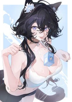 1girl absurdres ahoge animal_ear_fluff animal_ears bell black_choker black_hair black_nails black_shorts blush border breasts brown_tail cat_ears choker drink_carton drinking_straw eyelashes fang fingernails hair_between_eyes hair_intakes highres large_breasts looking_at_viewer midriff milk milk_carton neck_bell original outside_border paw_pose purple_eyes shirt short_hair shorts solo tail tongue tongue_out white_border white_shirt yoimon