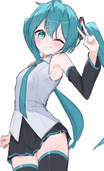 1girl aqua_eyes aqua_hair aqua_necktie aqua_trim armpits black_skirt black_sleeves blush breasts collared_shirt commentary_request cowboy_shot detached_sleeves grey_shirt grin hair_between_eyes hair_ornament hand_up hatsune_miku highres long_hair long_sleeves looking_at_viewer miniskirt necktie one_eye_closed pleated_skirt shirt sidelocks simple_background skirt sleeveless sleeveless_shirt small_breasts smile solo thighhighs thinker25075754 twintails untucked_shirt v vocaloid white_background zettai_ryouiki