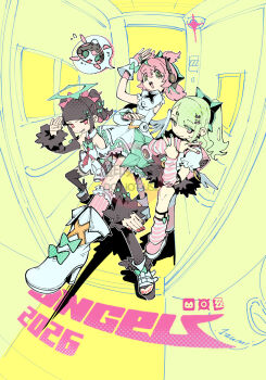 3girls absurdres angels_of_delusion aqua_nails backpack bag bare_shoulders black_hair blunt_bangs boots chinatsu_remiel chinese_commentary detached_sleeves fingerless_gloves fisheye gloves green_hair halo high_heel_boots high_heels highres izumi40063416 long_hair looking_at_viewer multiple_girls nail_polish pink_bag pink_gloves pink_hair pink_nails pink_socks platform_sandals ponytail puffy_short_sleeves puffy_sleeves randoseru red_nails rokudu_sariel sandals short_sleeves socks thighhighs toenail_polish toenails twintails watermark wings wrist_cuffs yutane_johiel zenless_zone_zero