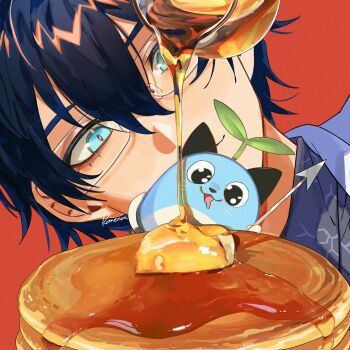Rule 34 | 1boy, absurdres, aqua eyes, blue hair, butter, closed mouth, commentary, english commentary, food, glasses, hair between eyes, highres, honey, kome non, leos vincent, leos vincent (1st costume), looking at food, mameneko (leos vincent), nijisanji, orange background, pancake, portrait, pouring, short hair, simple background, solo, virtual youtuber