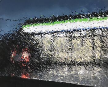 building car_interior commentary_request convenience_store from_inside highres miya_pastel motor_vehicle night no_humans original pastel_(medium) rain scenery shop star_(sky) traditional_media truck windshield