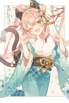 Rule 34 | 1girl, 247 (nsn na7), ;d, animal ear fluff, animal ears, blonde hair, blue kimono, blunt bangs, blush, border, cat ears, cat girl, cat tail, commentary request, cowboy shot, dot nose, double-parted bangs, fur collar, genshin impact, green eyes, hands up, highres, japanese clothes, kimono, kirara (genshin impact), long hair, long sleeves, multiple tails, one eye closed, open mouth, outside border, smile, solo, tail, two tails, watermark, white border, wide sleeves