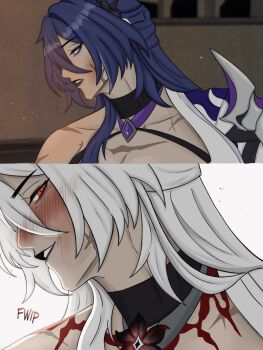 1girl acheron_(honkai:_star_rail) bare_shoulders black_choker breasts choker cleavage coat comic_panel_redraw commentary derivative_work el1zix english_commentary hair_over_one_eye highres honkai:_star_rail honkai_(series) large_breasts long_hair looking_at_viewer multicolored_hair official_alternate_color purple_eyes purple_hair red_eyes sequential sideways_mouth single_bare_shoulder single_wide_sleeve slap_mark slap_mark_on_face slapping solo split_screen streaked_hair toy_daddy_(manhwa) very_long_hair white_coat