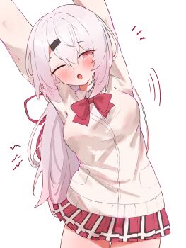 1girl ;o absurdres arms_up blush bow bowtie breasts cardigan collared_shirt commentary hair_between_eyes hair_ornament hair_ribbon hairclip highres large_breasts long_hair long_sleeves looking_at_viewer nijisanji one_eye_closed open_mouth pink_eyes pink_hair pleated_skirt red_bow red_bowtie red_ribbon red_skirt ribbon shiina_yuika shiina_yuika_(1st_costume) shirt simple_background skirt solo stretching tepenchi thighs virtual_youtuber white_background white_shirt yellow_cardigan