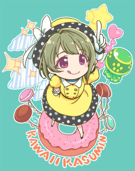 1girl :q arm_up black_hat candy character_name chibi chibi_only chupa_chups commentary_request donut dress food food_request gloves green_hair hand_on_own_hip hat heart lollipop love_live! love_live!_nijigasaki_high_school_idol_club macaron mizuki_maya nakasu_kasumi official_alternate_costume on_food pink_donut pink_eyes polka_dot_headwear poppin&#039;_up!_(love_live!) puffy_short_sleeves puffy_sleeves short_sleeves solo sparkle sprinkles standing star_(symbol) string_of_flags tongue tongue_out two-sided_fabric two-sided_headwear white_gloves yellow_dress yellow_hat