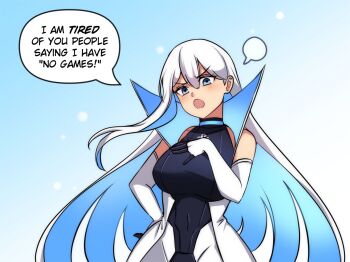 1girl blue_hair colored_inner_hair commentary elbow_gloves english_commentary english_text gloves hand_on_own_hip highres long_hair merryweather multicolored_hair open_mouth original personification ps5_chan solo sony speech_bubble two-tone_hair upper_body white_hair