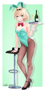 1girl ahoge animal_ear_hairband animal_ears aqua_leotard bare_shoulders black_hairband black_shoes blonde_hair bow bowtie commentary covered_navel detached_collar double-parted_bangs ex_idol fake_animal_ears fake_tail full_body hairband high_heels highleg highleg_leotard highres holding holding_tray hololive kazama_iroha leotard looking_at_viewer open_mouth pantyhose playboy_bunny ponytail rabbit_ear_hairband rabbit_ears rabbit_tail red_bow red_bowtie shoes short_hair side-tie_leotard solo strapless strapless_leotard tail tray virtual_youtuber white_wrist_cuffs wrist_cuffs
