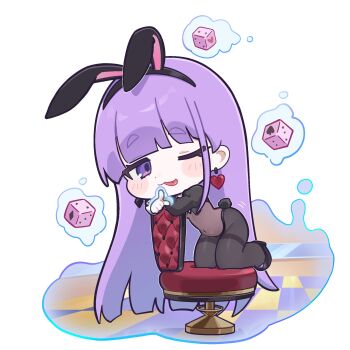 1girl alice_(trickcal) animal_ears black_pantyhose black_shoes blunt_bangs blush chair chibi chibi_only diamond_earrings dice earrings fake_animal_ears floating floating_object heart heart_earrings highres jewelry kekek kneeling long_hair looking_at_viewer magic mismatched_earrings one_eye_closed pantyhose playboy_bunny purple_eyes purple_hair rabbit_ears rabbit_tail reverse_bunnysuit reverse_outfit shoes solo tail thighband_pantyhose tongue trickcal