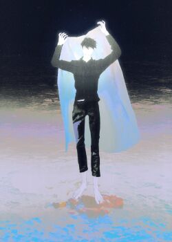 Rule 34 | 1boy, arm above head, barefoot, black hair, black shirt, coat, collared shirt, commentary, english commentary, faceless, facing viewer, full body, head tilt, highres, kim dokja, long sleeves, male focus, omniscient reader's viewpoint, outdoors, shirt, short hair, solo, standing, tix 0314, unworn coat