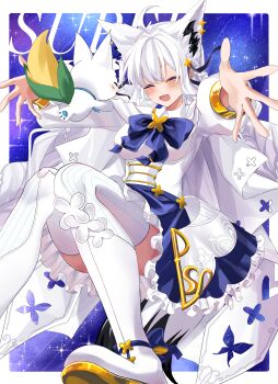 1girl absurdres ahoge animal_ear_fluff animal_ears blue_neckerchief blue_skirt blush braid breasts choumiryou closed_eyes commentary_request corset earrings foot_out_of_frame fox_ears fox_girl hair_between_eyes highres hololive jewelry long_hair looking_at_viewer lying medium_breasts neckerchief official_alternate_costume official_alternate_hairstyle on_side shirakami_fubuki shirakami_fubuki_(saint) shirt sidelocks single_braid skirt smile sukonbu_(shirakami_fubuki) thighhighs very_long_hair virtual_youtuber white_hair white_shirt white_thighhighs