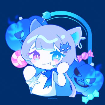 Rule 34 | 1girl, animal ear piercing, animal hair ornament, aqua eyes, bandaged arm, bandages, blue background, blue bow, blue theme, blush, blush stickers, bow, bright pupils, candy, chibi, chibi only, closed mouth, commentary request, cropped torso, eyelashes, fang, food, grey hair, halloween, heterochromia, highres, holding, holding candy, holding food, holding lollipop, jack-o'-lantern, lollipop, long hair, mixed-language commentary, no nose, original, pink eyes, pumpkin, shirt, sleeveless, sleeveless shirt, solo, swirl lollipop, torn clothes, torn shirt, uiui481, white pupils, white shirt, will-o'-the-wisp (mythology), wolf girl, wrapped candy