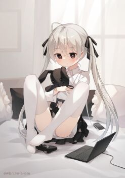 1girl absurdres ahoge black_ribbon black_skirt blush brown_eyes closed_mouth commentary_request computer controller dated frilled_skirt frills full_body game_controller gamepad grey_hair hair_ribbon highres holding holding_stuffed_toy indoors kasugano_sora kizuna_sora laptop loli long_hair long_sleeves no_shoes panties ribbon shirt skirt solo stuffed_animal stuffed_rabbit stuffed_toy thighhighs twintails underwear white_panties white_shirt white_thighhighs yosuga_no_sora