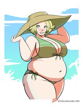 1girl bianca_(pokemon) bikini blonde_hair blush breasts cleavage fat female_focus green_eyes hat highres huge_breasts navel nintendo plump pokemon short_hair solo sun_hat swimsuit theundeadeel thick_thighs thighs