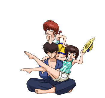 1boy 2girls barefoot braid braided_ponytail brown_hair commentary_request happy hat highres kunou_tatewaki multiple_girls open_mouth ranma-chan ranma_1/2 simple_background tendou_nabiki wanta_(futoshi) white_background