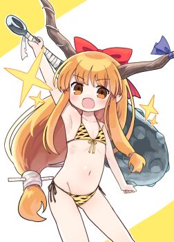 1girl animal_print blue_ribbon blush bow brown_horns club club_(weapon) collarbone fang flat_chest groin hair_bow holding holding_weapon horn_ornament horn_ribbon horns ibuki_suika kanabou kibisake loli long_hair navel oni open_mouth orange_eyes orange_hair red_bow ribbon sidelocks smile solo sparkle tiger_print touhou weapon
