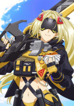 1girl black_gloves black_pants blindfold_mask blonde_hair breasts burger camouflage commentary_request covered_eyes fingerless_gloves food gloves hair_ornament highres holding jacket large_breasts long_hair mask miyabi_mt-b navel pants ponytail solo trigger_(zenless_zone_zero) zenless_zone_zero